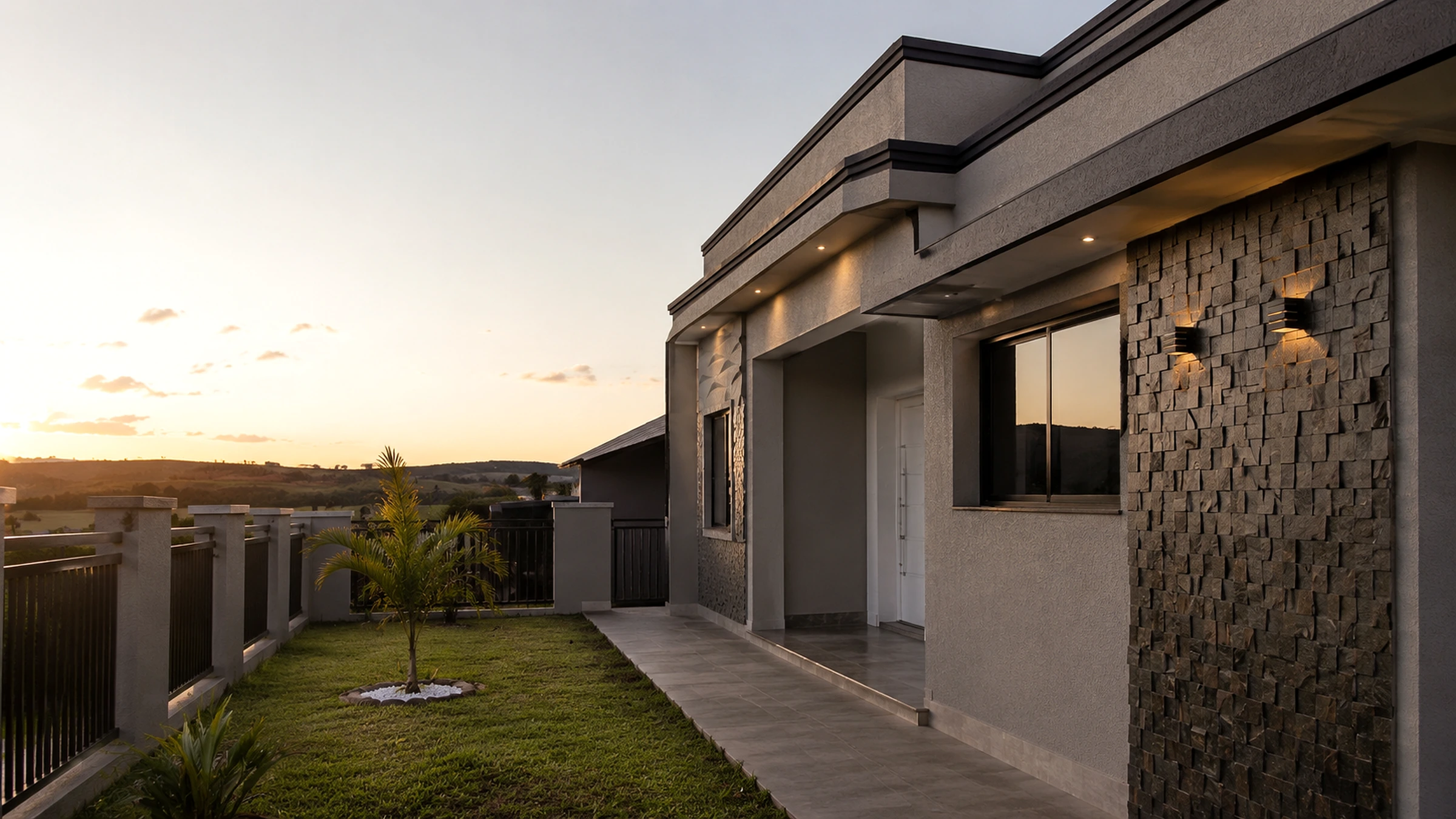 Residência contemporânea com pintura e iluminação externa